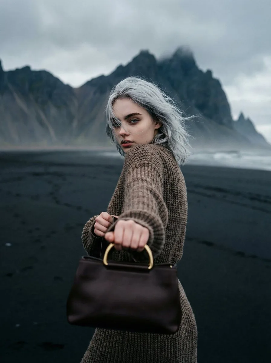 Cinematic Fashion on Black Sand Beach Prompt reference