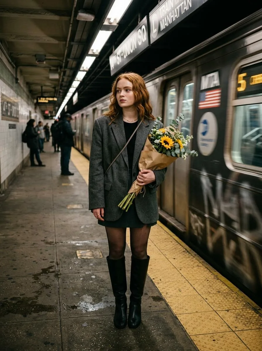 Cinematic photo of a woman on a subway platform with motion blur reference