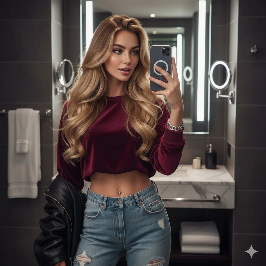 Hyper-detailed mirror selfie of a young woman in luxury bathroom - Nano Banana Pro AI Prompt for Social Media Post reference