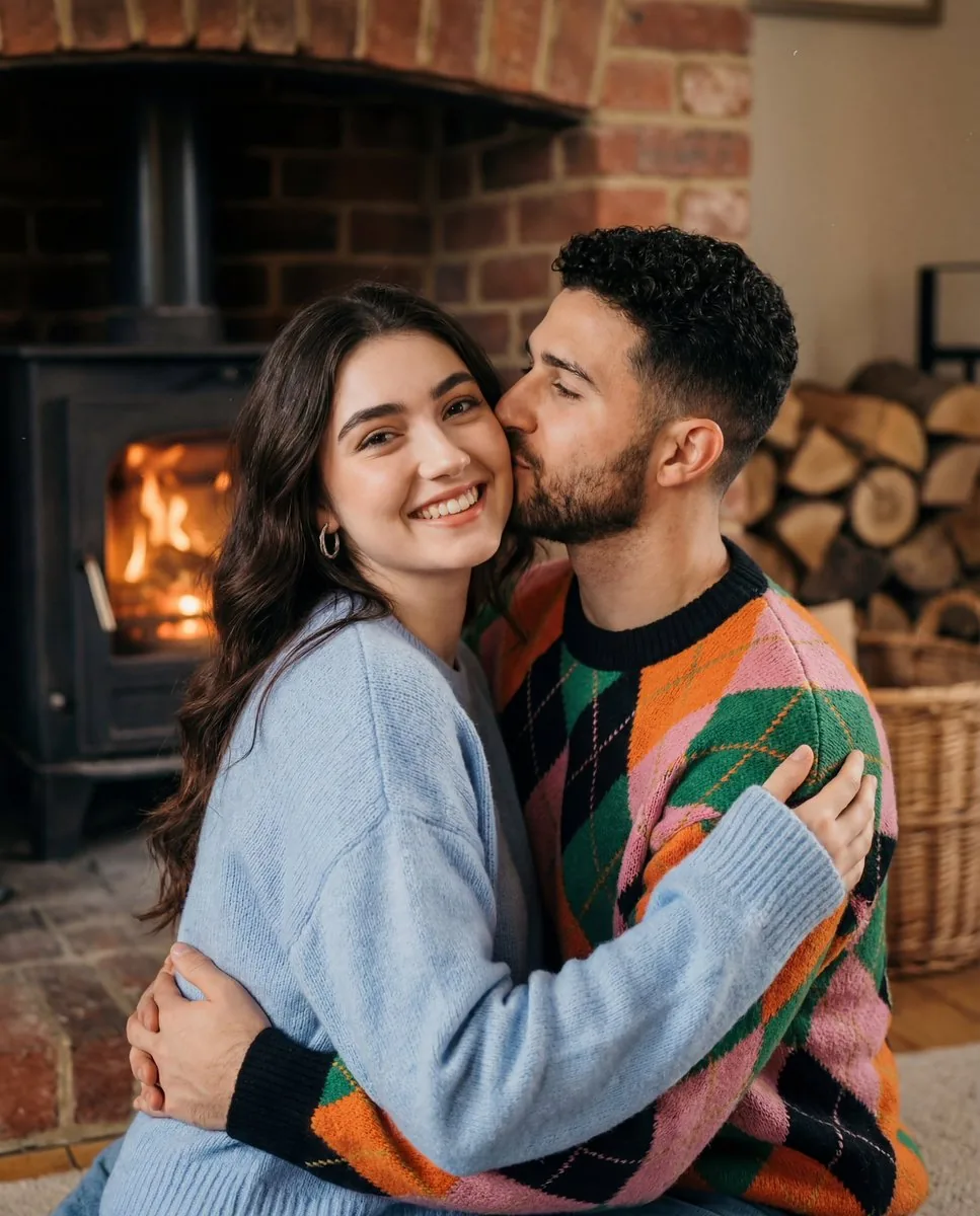 Cozy Nostalgic Couple Portrait by Fireplace - Nano Banana Pro AI Prompt for Social Media Post reference