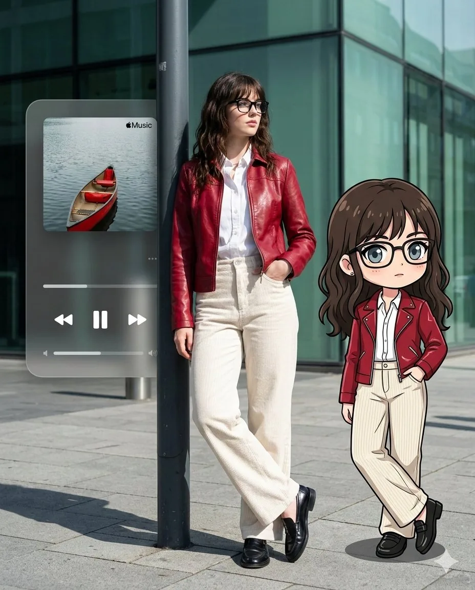 Photorealistic Self-Portrait with Chibi and UI Overlay Prompt - Nano Banana Pro AI Prompt for Social Media Post reference