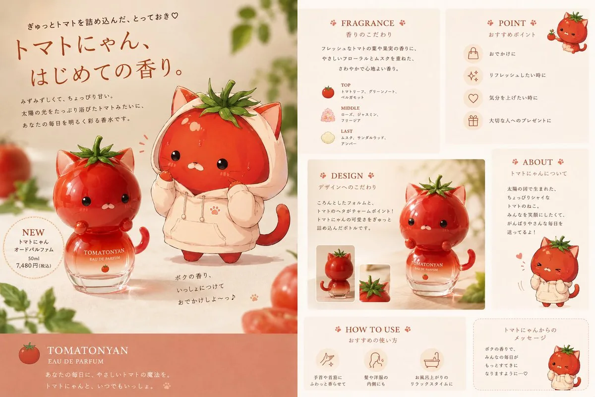 Kawaii Tomato Cat Perfume Flyer reference
