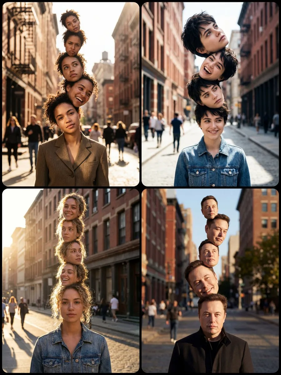 Surreal Portrait with Stacked Heads in City Street reference