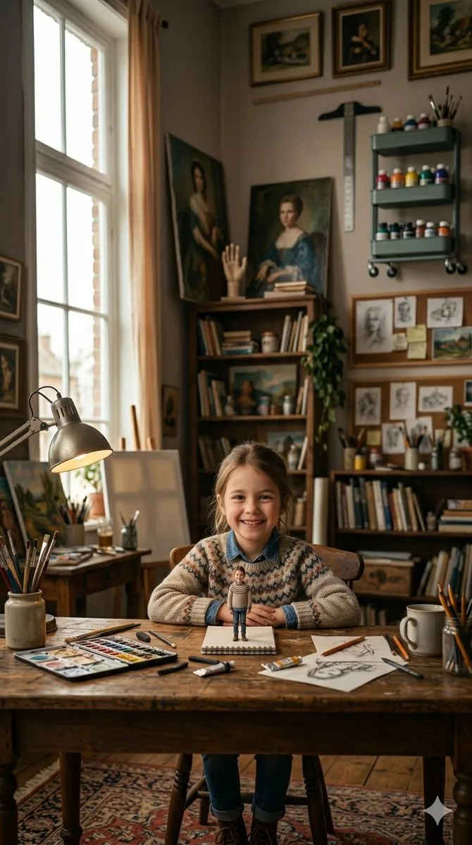 3D Miniature Clay Figurine Illusion in an Artist's Studio reference