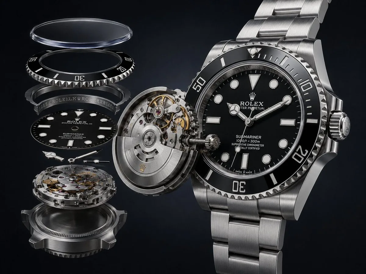 Exploded Luxury Dive Watch Render reference