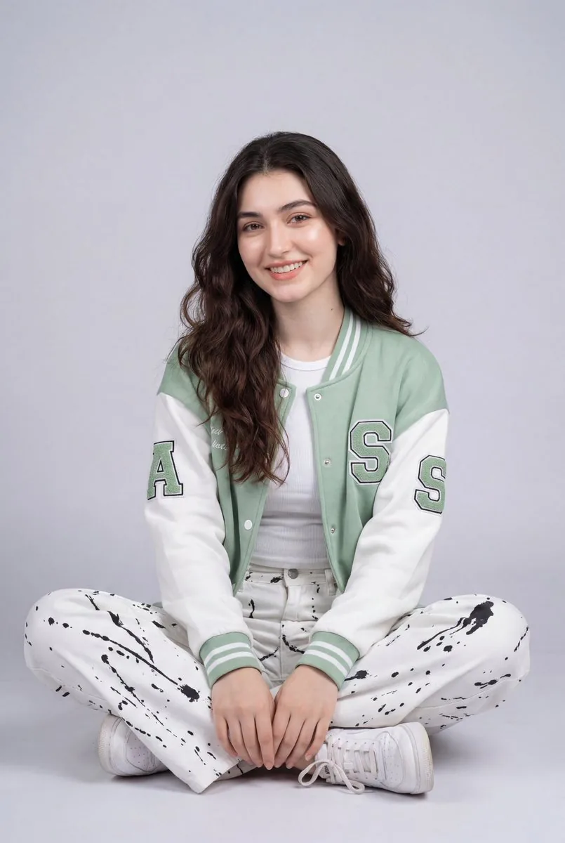 Fashion Studio Portrait in Pastel Green Varsity Jacket reference