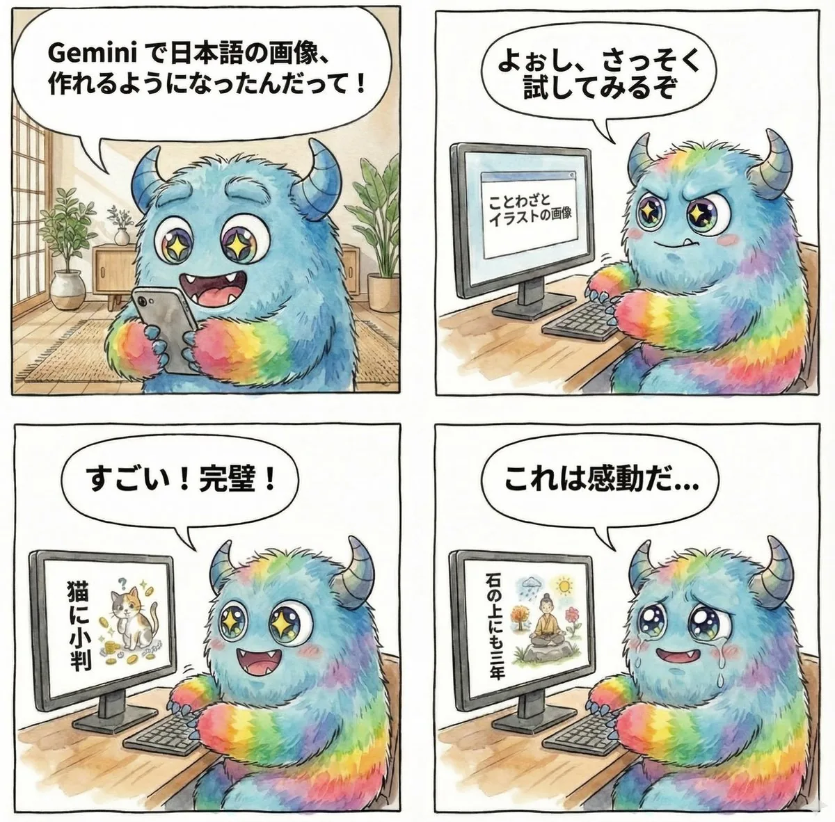 4-panel manga about Gemini generating Japanese text images reference