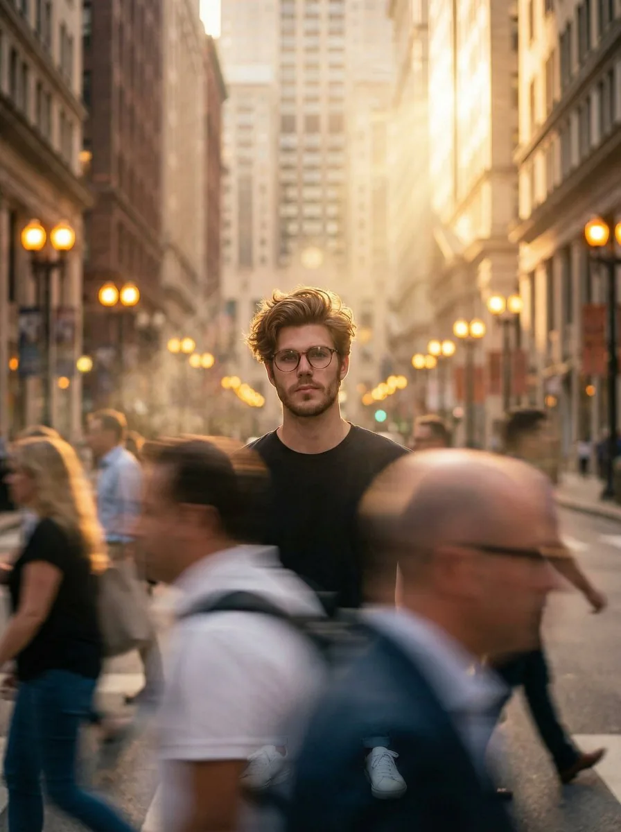 Cinematic Portrait in a Busy City Street reference