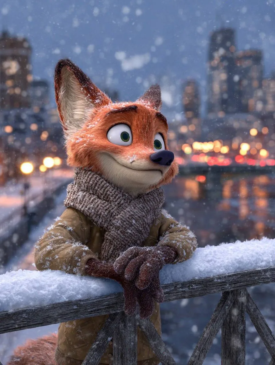 Anthropomorphic Fox Character in Winter Scene reference