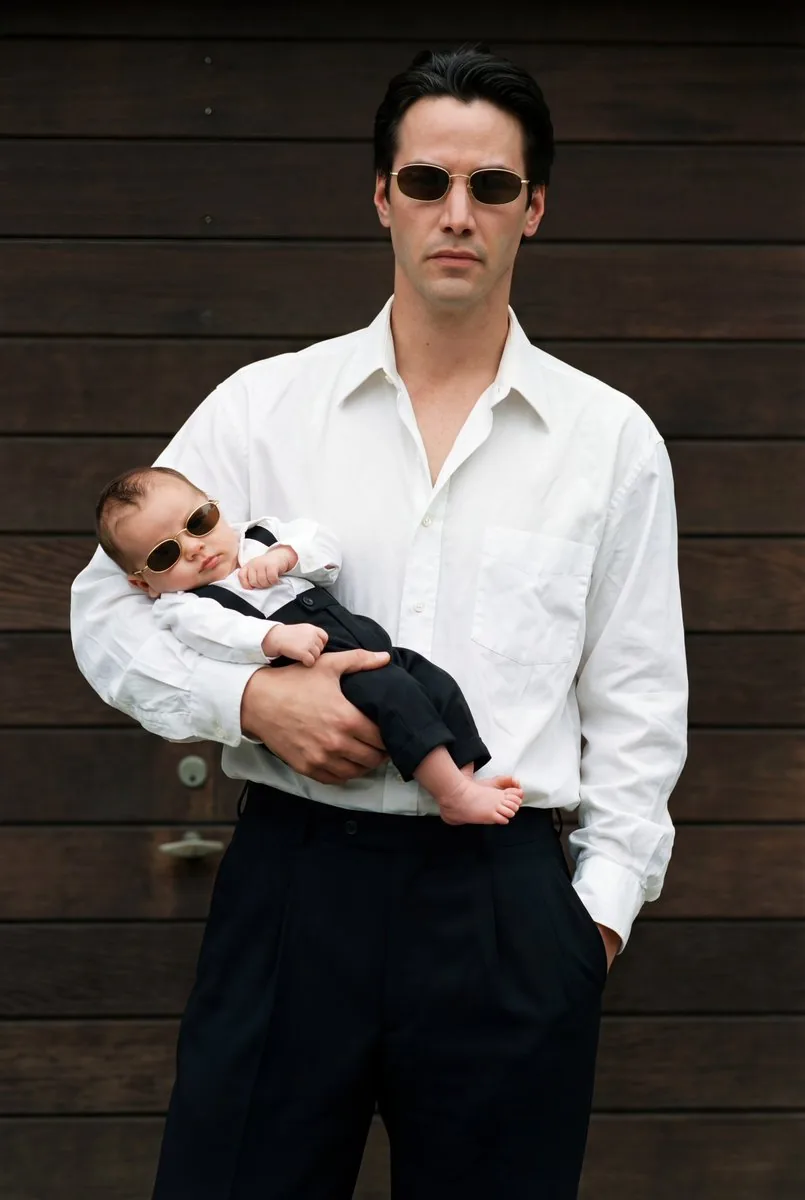 Ultra-Realistic 90s Old-Money Father and Baby Portrait reference