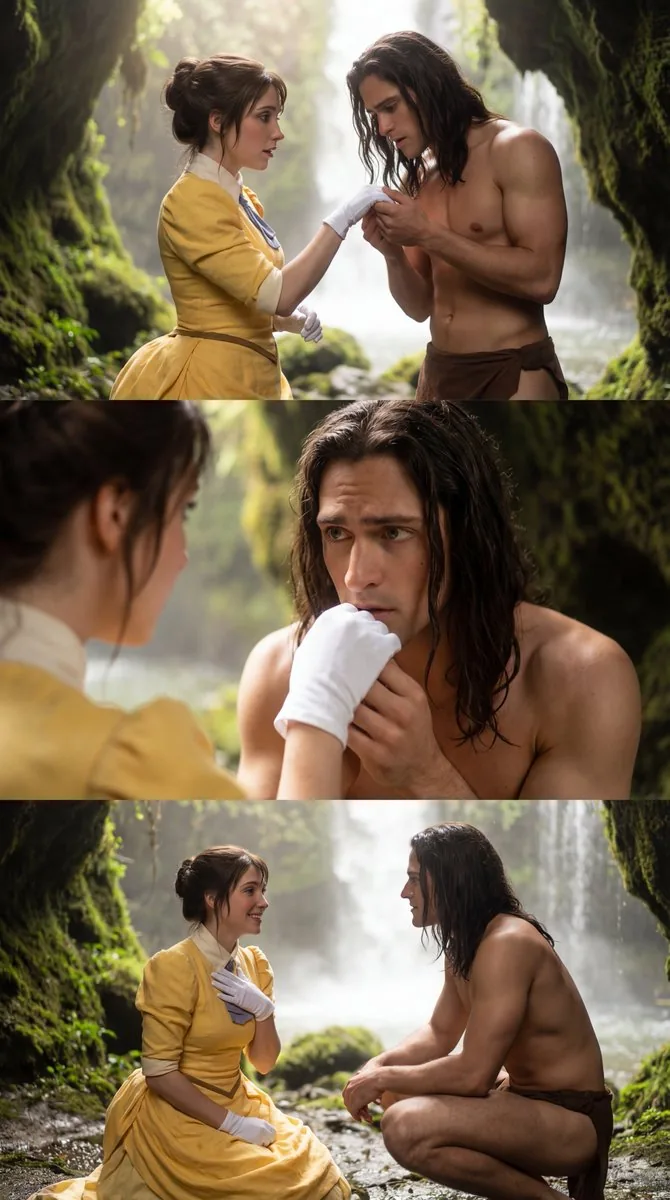 Tarzan and Jane Cosplay Waterfall Triptych Prompt - Nano Banana Pro AI Prompt for Social Media Post reference
