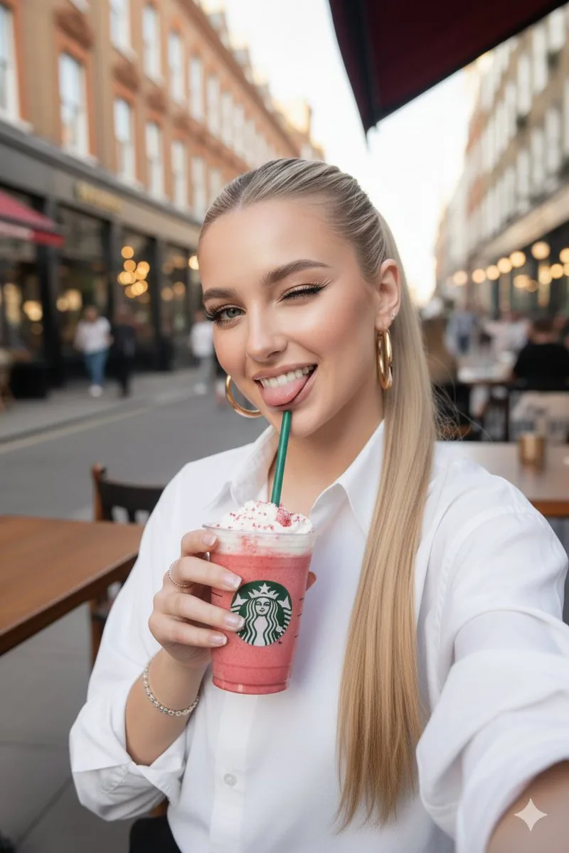 Ultra-realistic Starbucks Selfie at Golden Hour - Nano Banana Pro AI Prompt for Social Media Post reference