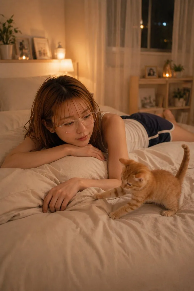 Cozy Night Bedroom With Kitten reference
