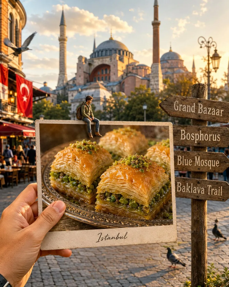 Hyper-realistic Travel Food Postcard reference