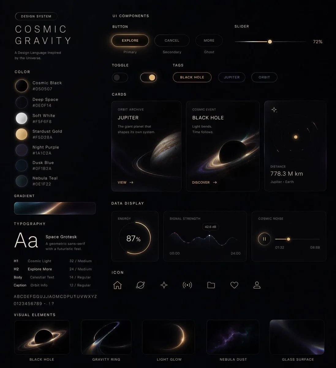 Cosmic Dark Mode UI Design System reference
