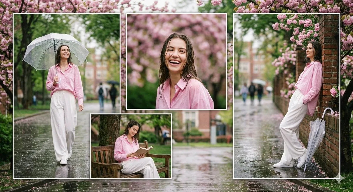 Rainy Campus Fashion Portrait Collage reference