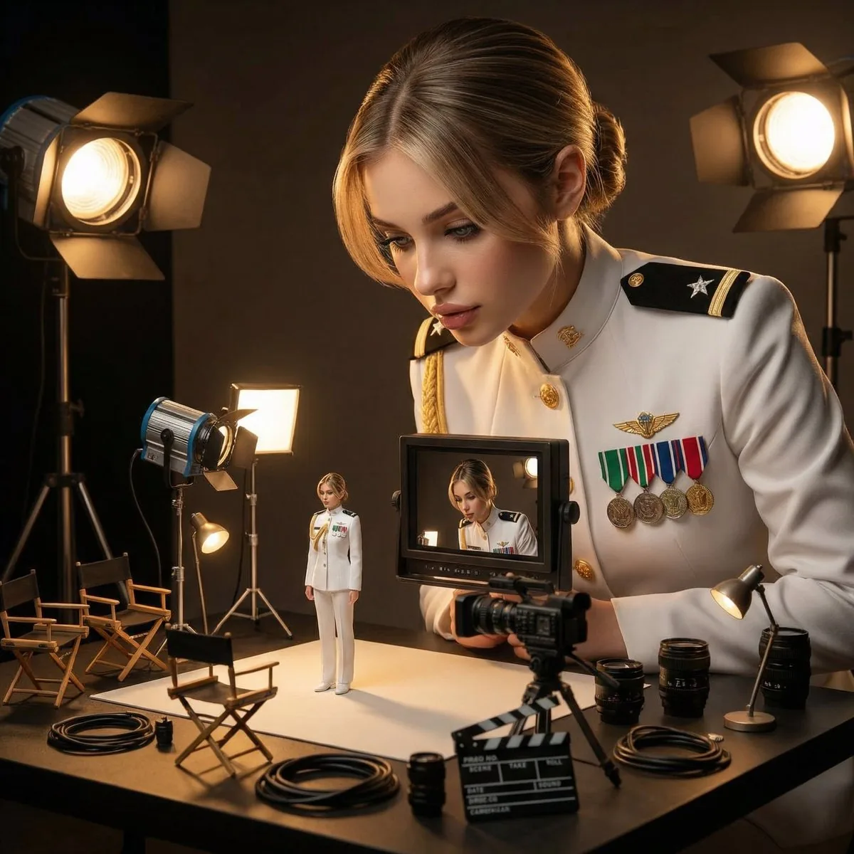 Cinematic Studio Scene of Woman Supervising Miniature Self - Nano Banana Pro AI Prompt for Product Marketing reference
