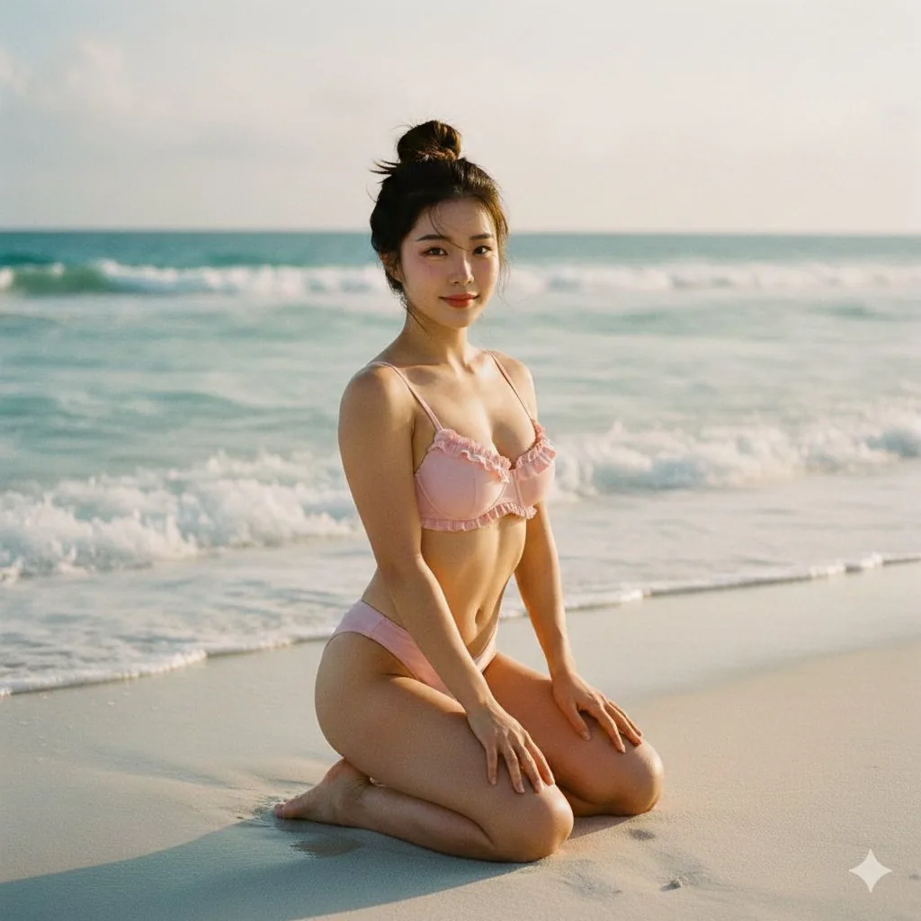 Cute Korean-Inspired Beach Portrait Prompt reference