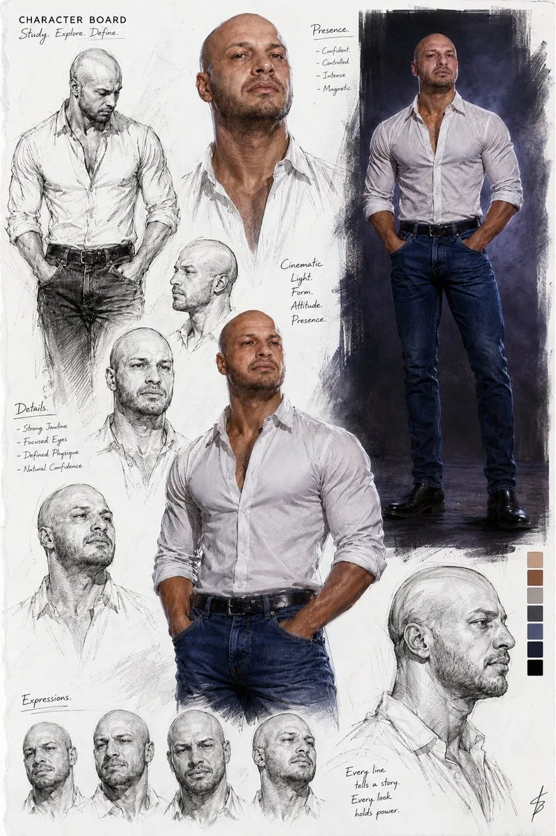 Cinematic Male Character Concept Board reference