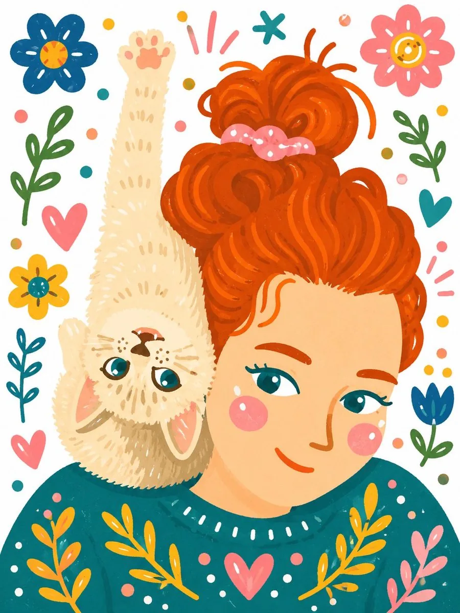Whimsical Hand-Painted Girl with Kitten Illustration reference