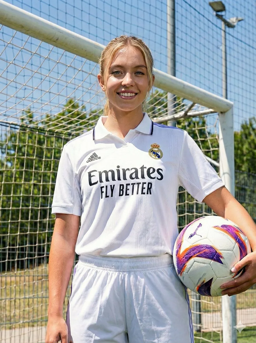 Sydney Sweeney Lookalike in Real Madrid Kit - Nano Banana Pro AI Prompt for Social Media Post reference