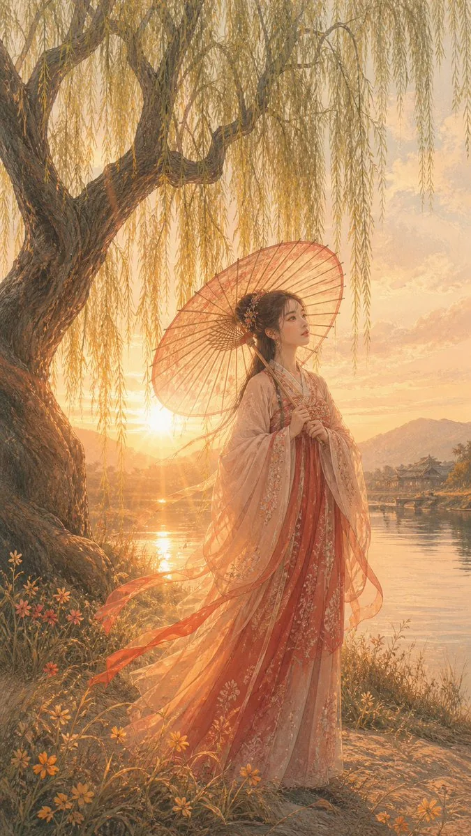Sunset Hanfu Willow Lakeside Portrait reference