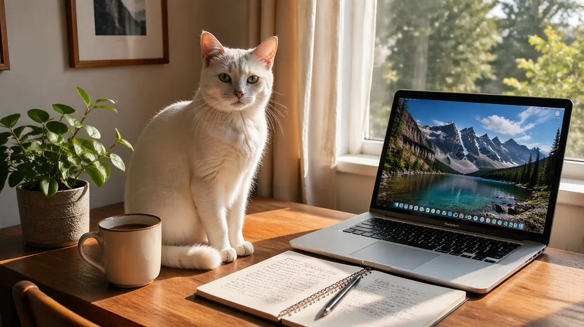 Sunlit Desk with White Cat and Laptop reference