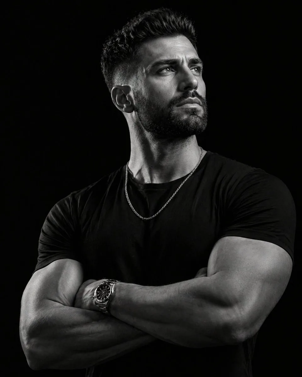 Low-key monochrome editorial portrait reference