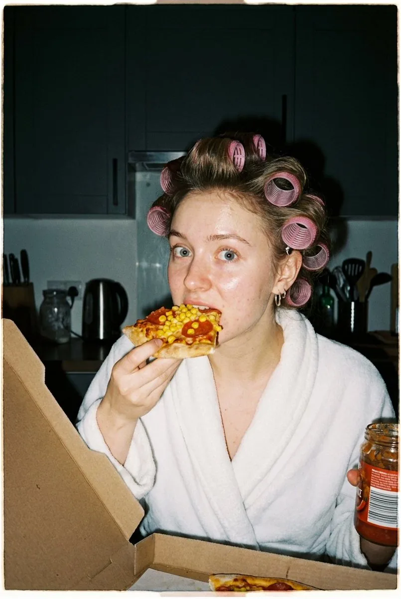 Ultra Photorealistic Candid Flash Portrait of a Woman Eating Pizza - Nano Banana Pro AI Prompt for Social Media Post reference