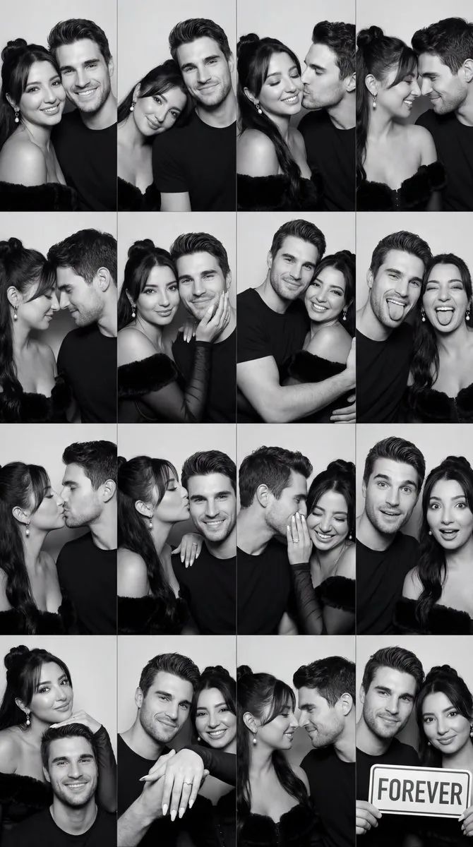 Black and White Photobooth Couple Grid Prompt (16 Panels) - Nano Banana Pro AI Prompt for Social Media Post reference