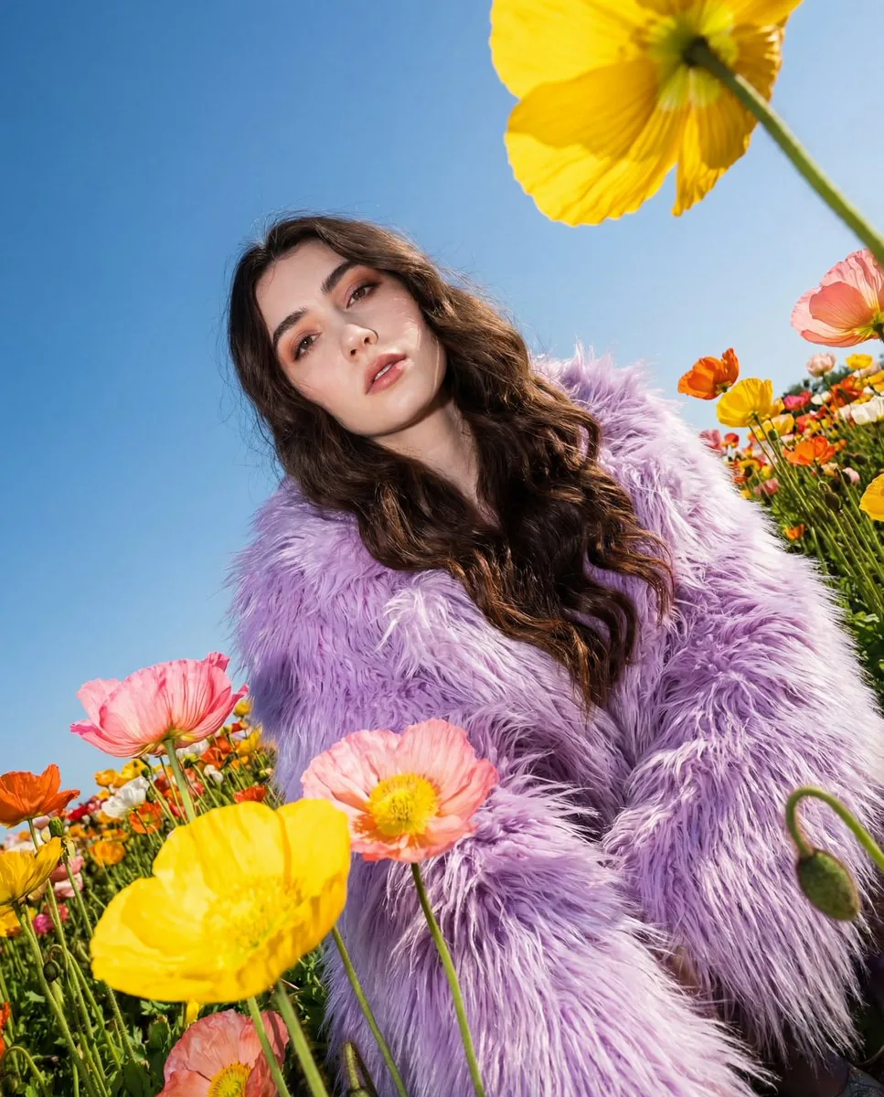 Harsh Flash Fashion Portrait in Flower Field Prompt - Nano Banana Pro AI Prompt for Social Media Post reference