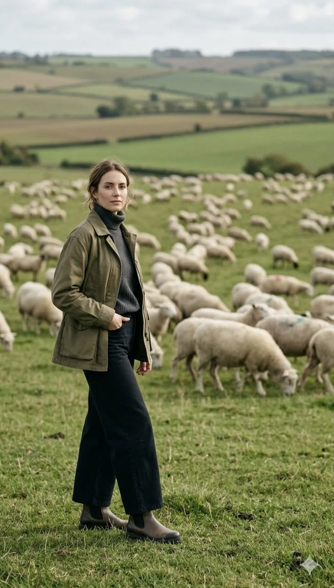 Pastoral Full-Body Portrait in Sheep Pasture reference