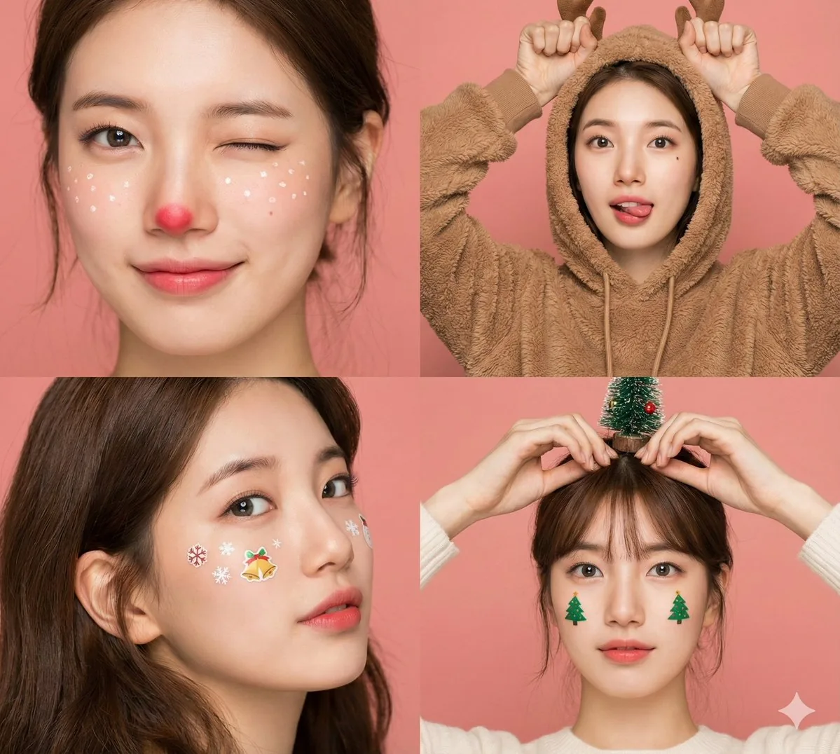 4-Panel Christmas Beauty Blogger Portrait in Peach Background reference