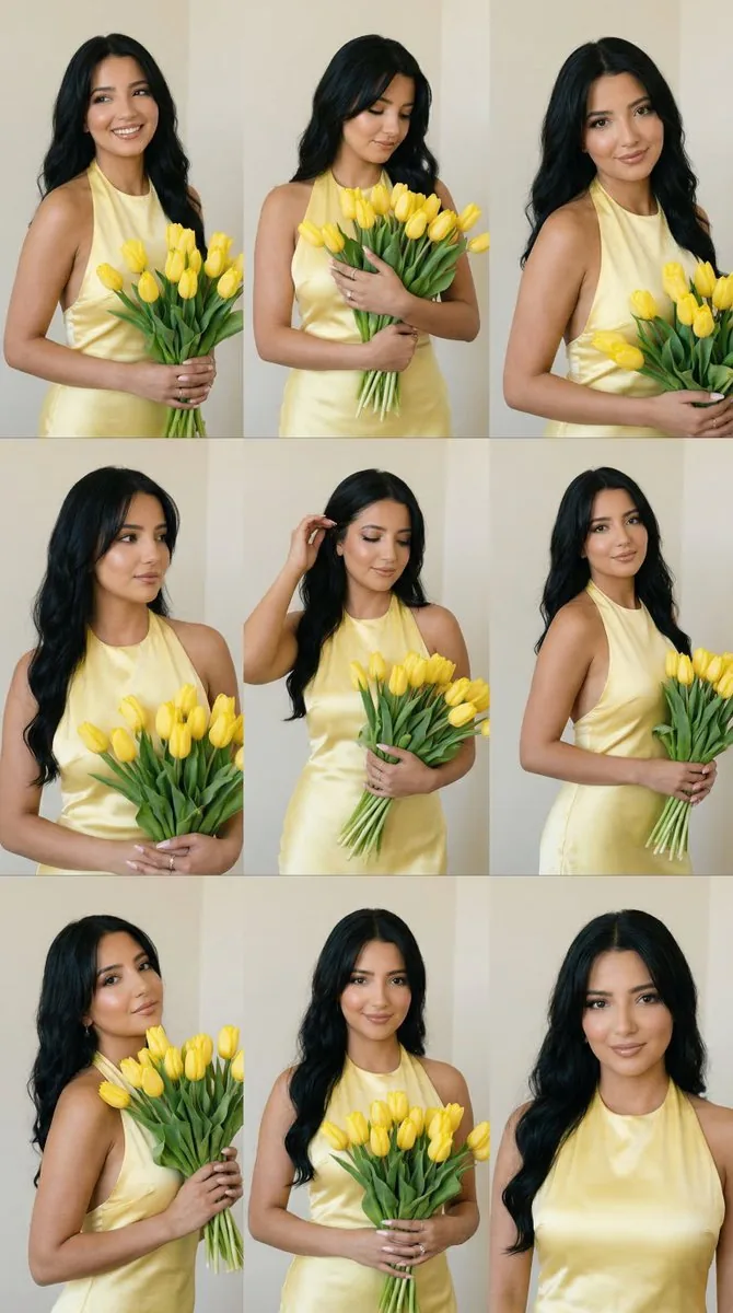 9-Panel Editorial Grid Prompt for Yellow Satin Halter Dress - Nano Banana Pro AI Prompt for Product Marketing reference