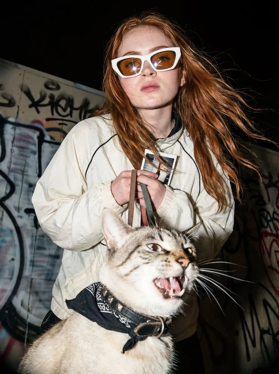 Edgy Flash Photography Portrait with Cat - Nano Banana Pro AI Prompt for Social Media Post reference