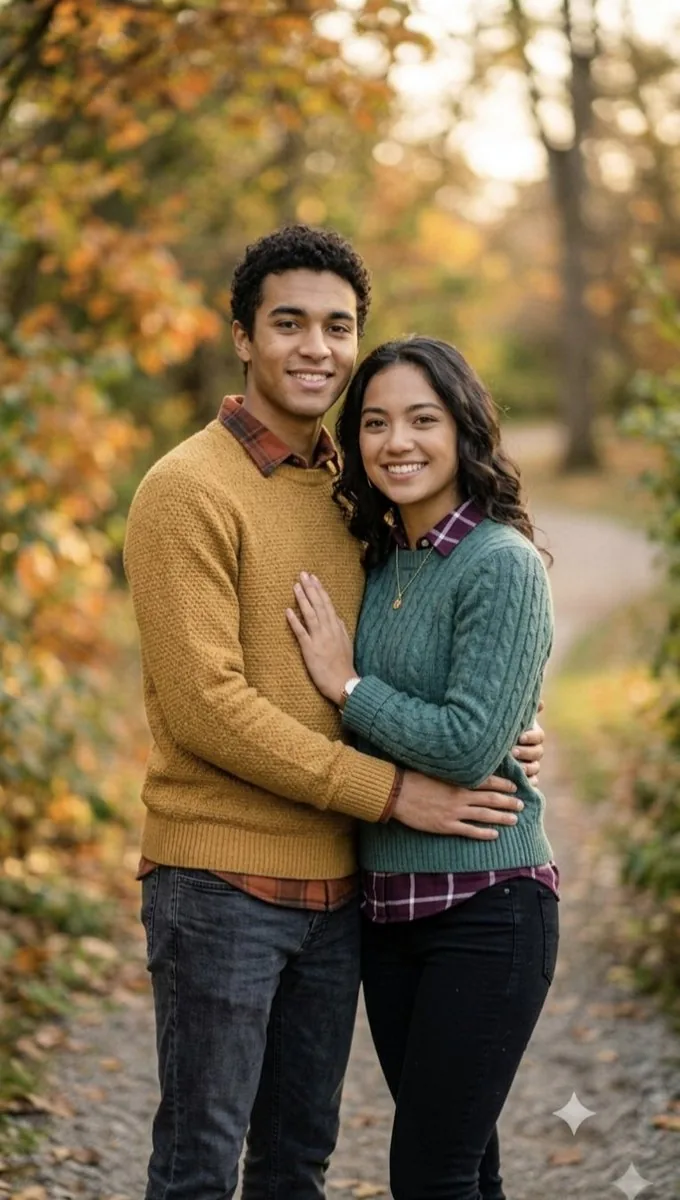 Autumn couple photoshoot in forest reference