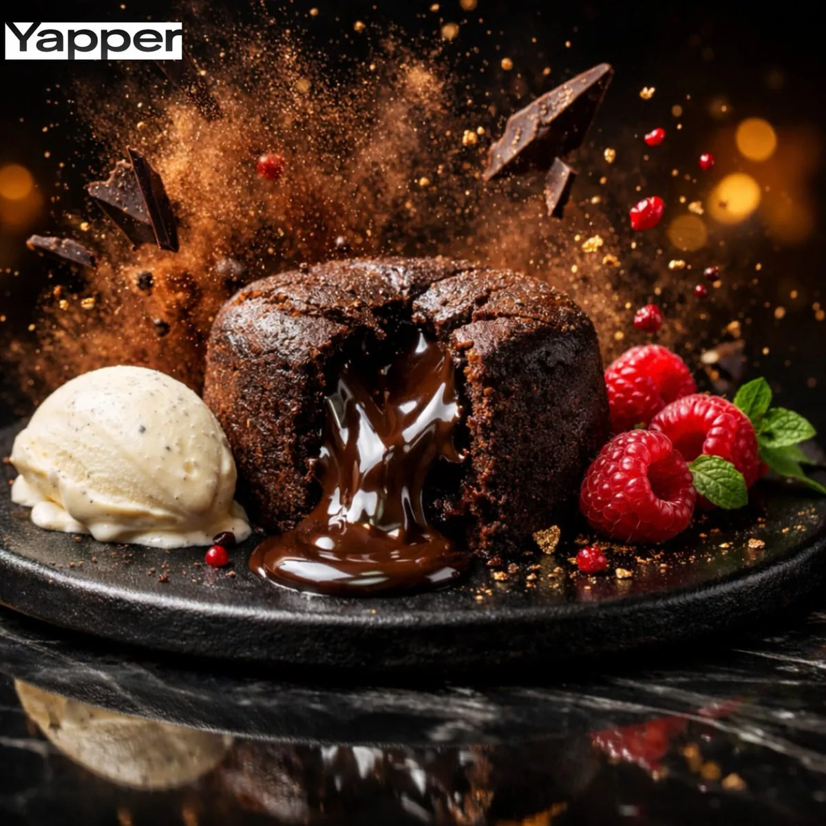 High-Speed Cinematic Luxury Dessert Photography Prompt (Molten Chocolate Lava Cake) - Nano Banana Pro AI Prompt for Product Marketing reference