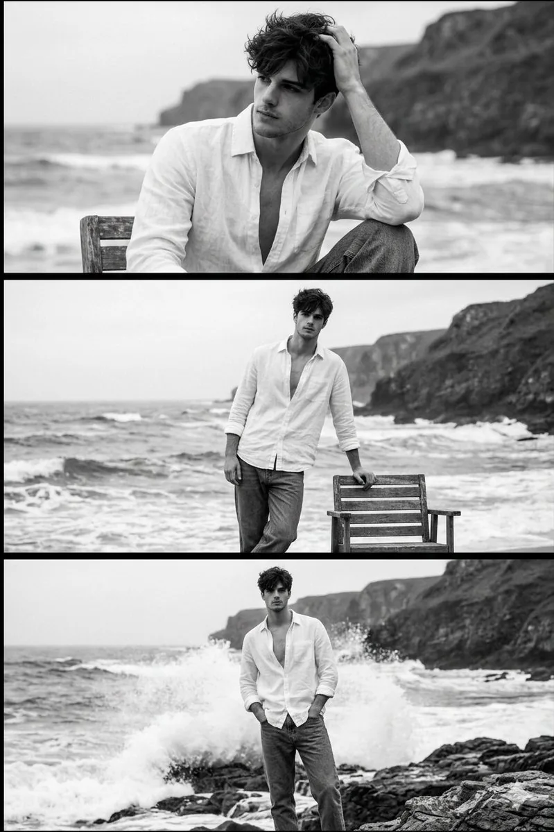 Black and White Portrait of Man by the Seashore reference