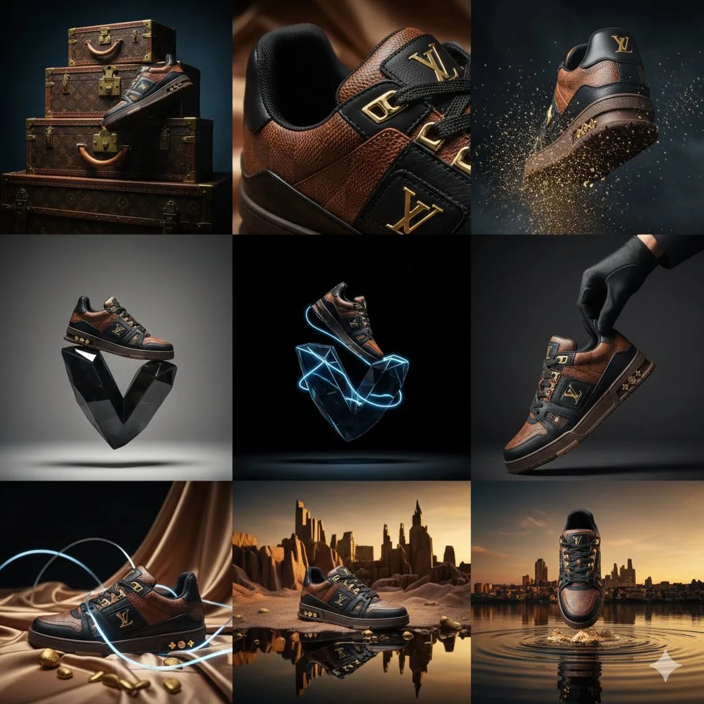 Louis Vuitton Sneaker Editorial Grid Prompt - Nano Banana Pro AI Prompt for Product Marketing reference