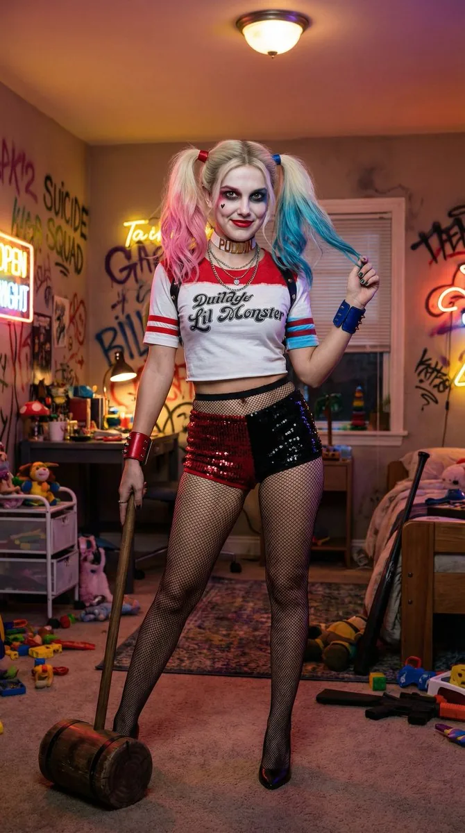 Voluptuous Harley Quinn Cosplay Portrait Prompt - Nano Banana Pro AI Prompt for Social Media Post reference