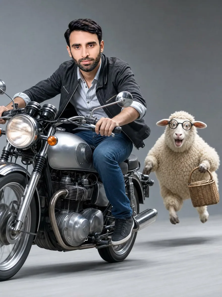 Man on Retro Motorcycle with Leaping Sheep reference