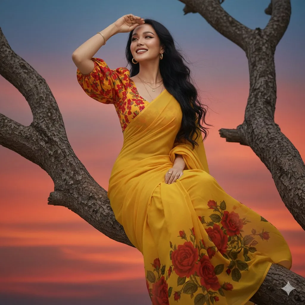 Hyper-Realistic Portrait of Woman in Saree on Tree Branch reference