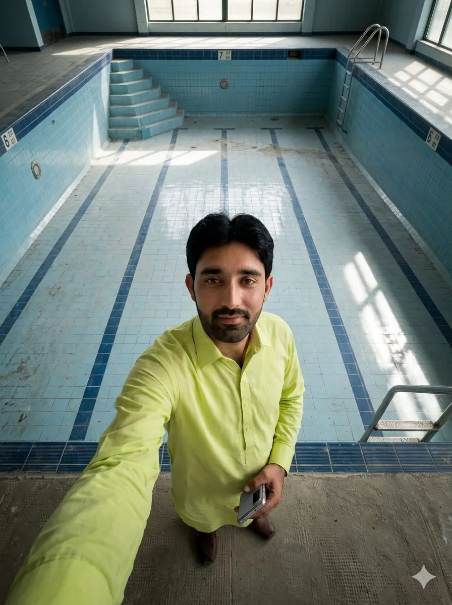 Top-Down Selfie in Empty Indoor Pool reference