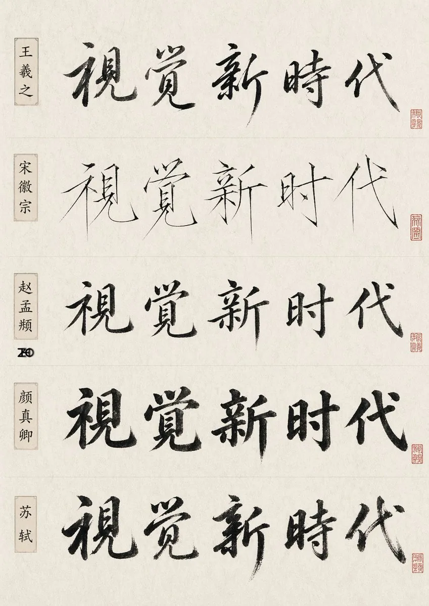 Chinese Calligraphy Style Comparison reference