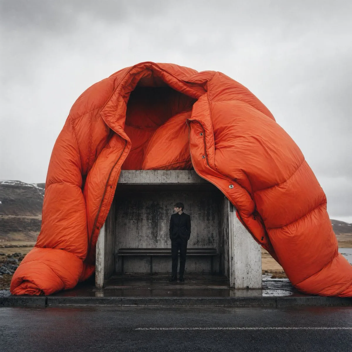 Surreal Orange Puffer Bus Stop Editorial reference
