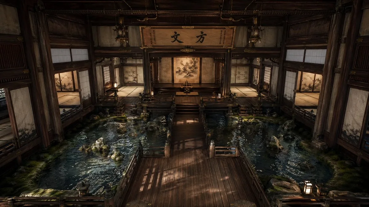 Cinematic Japanese Temple Hall reference