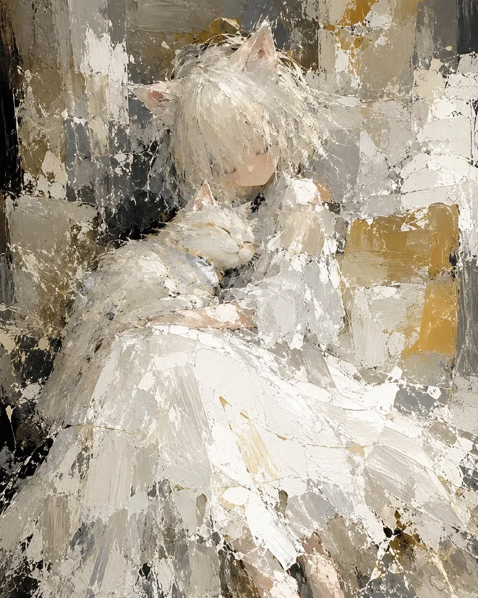 Abstract Cat Girl and Gentle Cat Painting reference