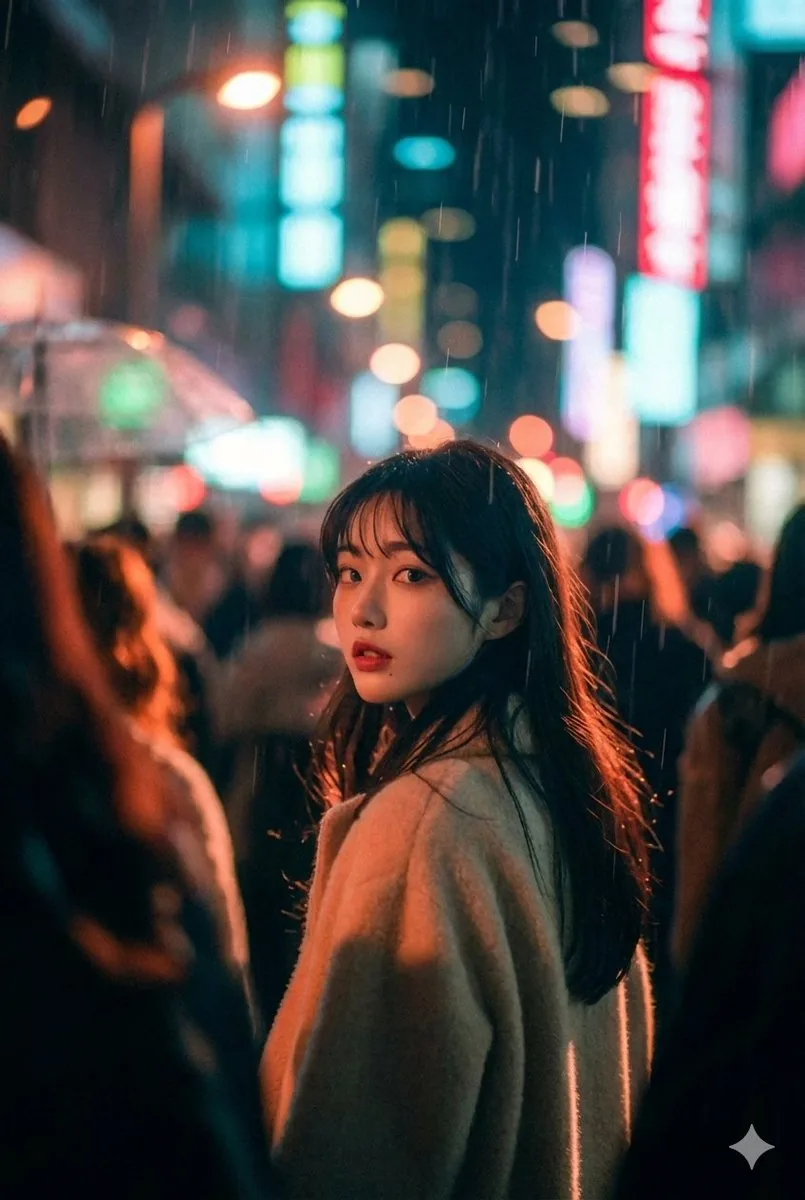 Cinematic Street Photo in Neon Rain - Nano Banana Pro AI Prompt for Social Media Post reference