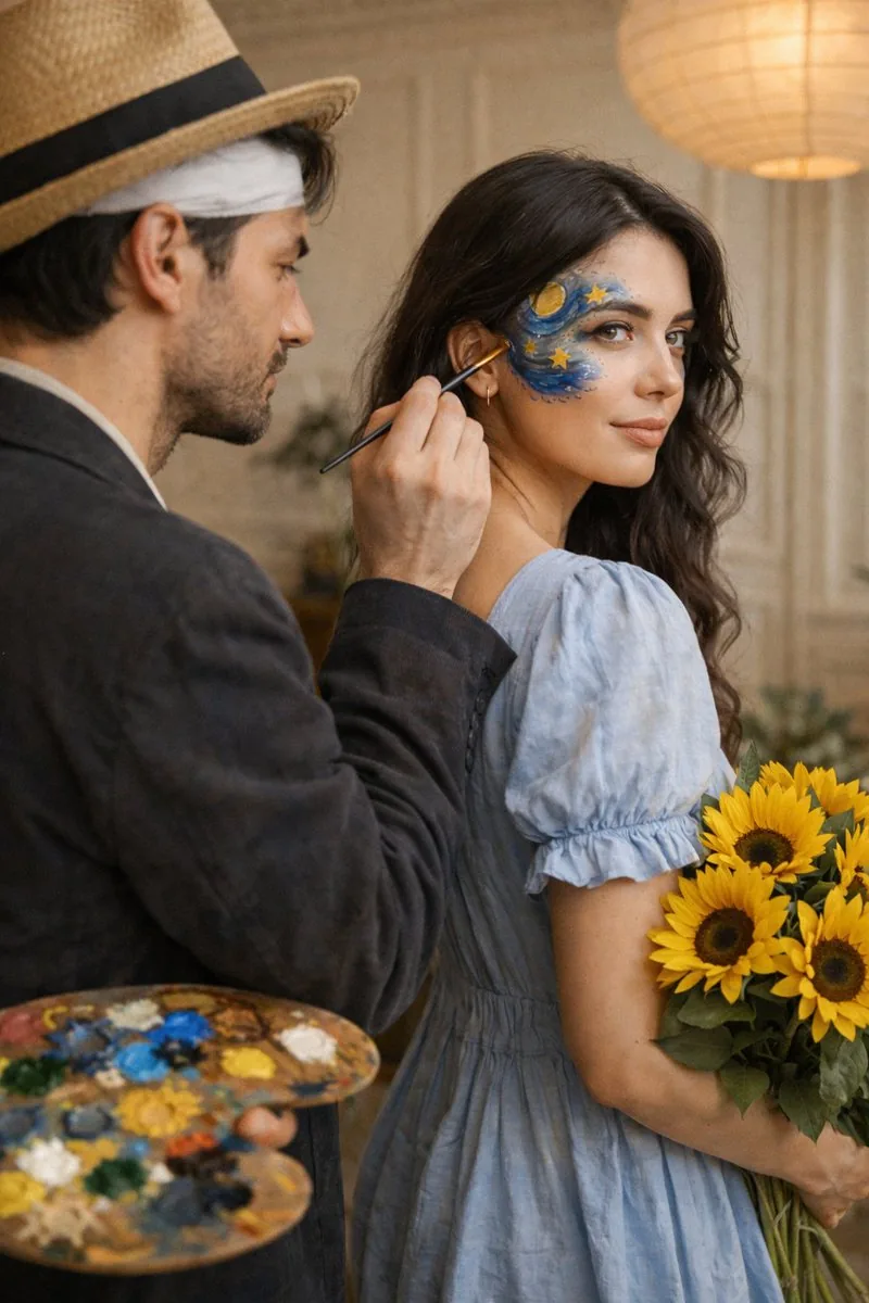 Cinematic Editorial Couple Portrait with Starry Night Face Paint reference