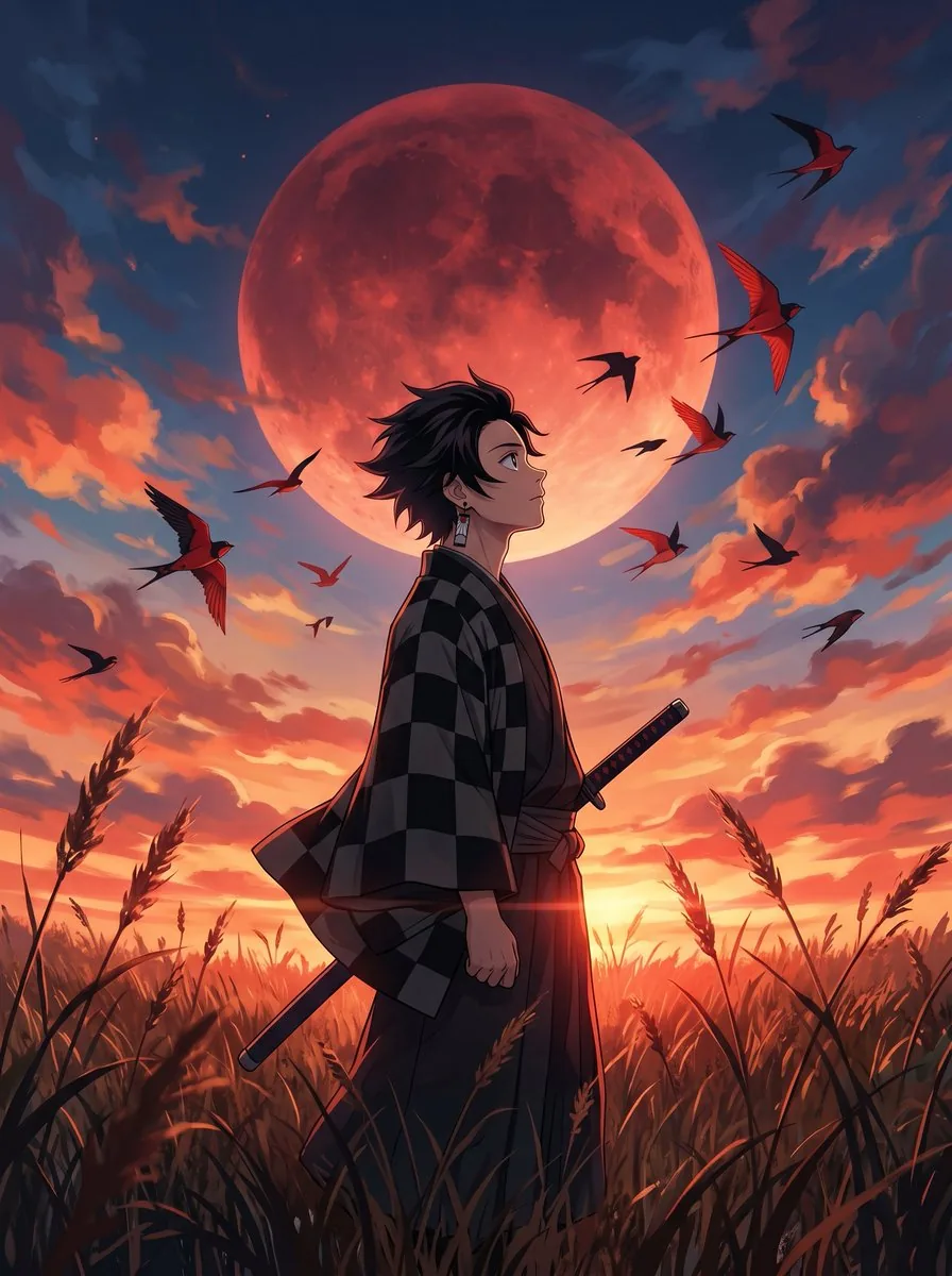 Cinematic Crimson Moon Anime Warrior reference